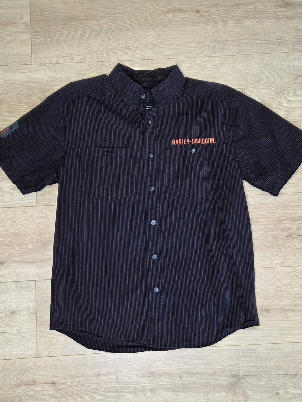 Harley Davidson Pre Luxe Black Orange Pinstripe Button Front Shirt Men's M Biker